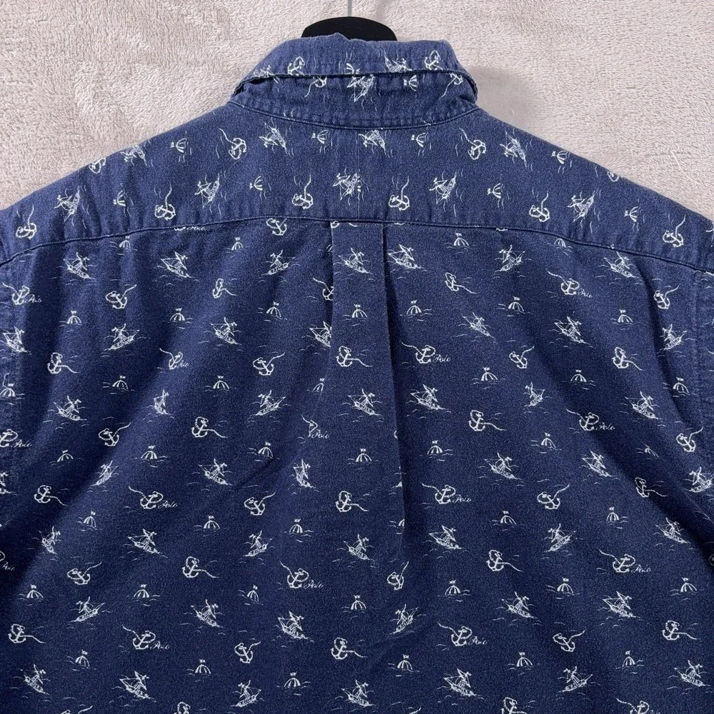 Polo Ralph Lauren Button Down Shirt Mens Large Blue Anchor Print Chambray Cotton